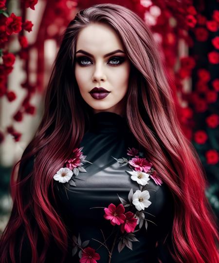 a woman, in gothic dress, (wavy hair:1.1), arround the flowers posing, by conor harrington <lora:TanyaB:1> hyper detailed, insane details, intricate details, 8k, Very detailed, Best Quality, uhd, Sharp focus
