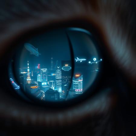 extreme close up portrait of a cat's eye reflecting the a futuristic Tokyo skyline at night from a very high level, the skyline is with futuristic skyscrapers and futuristic transports and futuristic aircraft and spaceships in a variety shapes and sizes, the airships covered with lights and advertisements in Japanese,  reflecting in the cat's eye is a huge airship that has an advertisement with a Japanese cat on the side,