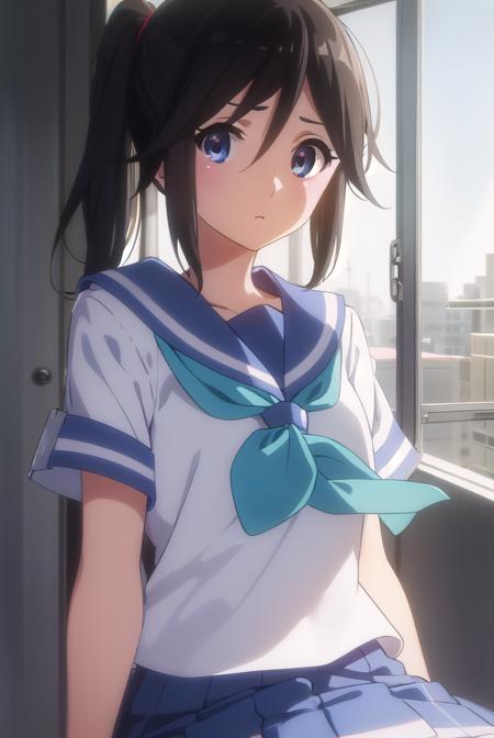 nozomikasaki, <lora:nozomi kasaki s2-lora-nochekaiser:1>,
nozomi kasaki, kasaki nozomi, long hair, blue eyes, black hair, ponytail, hair between eyes,
BREAK skirt, shirt, school uniform, white shirt, short sleeves, pleated skirt, serafuku, sailor collar, blue skirt, neckerchief, blue sailor collar, school bag, blue neckerchief, kitauji high school uniform,
BREAK indoors, classroom,
BREAK looking at viewer, (cowboy shot:1.5),
BREAK <lyco:GoodHands-beta2:1>, (masterpiece:1.2), best quality, high resolution, unity 8k wallpaper, (illustration:0.8), (beautiful detailed eyes:1.6), extremely detailed face, perfect lighting, extremely detailed CG, (perfect hands, perfect anatomy),