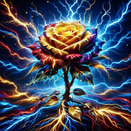 lazympos, depth of field, hyperrealistic, masterpiece, Intricate Design, made of golden and blue and red and yellow and purple lightning thunder trails, lthndrtrl,
blue rose made of thunder trails