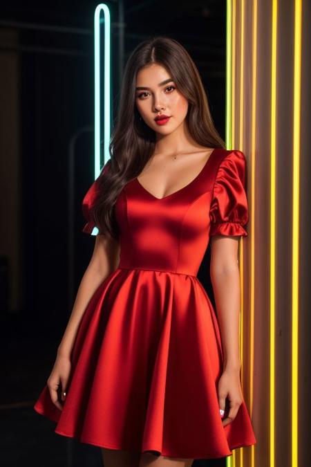 half body, portrait, a gorgeous brunette girl wearing a dark red satin short puff sleeve circle prom dress, cute tiktok girl, ig model, perfect human female specimen, neon lights in background, glamorous pose