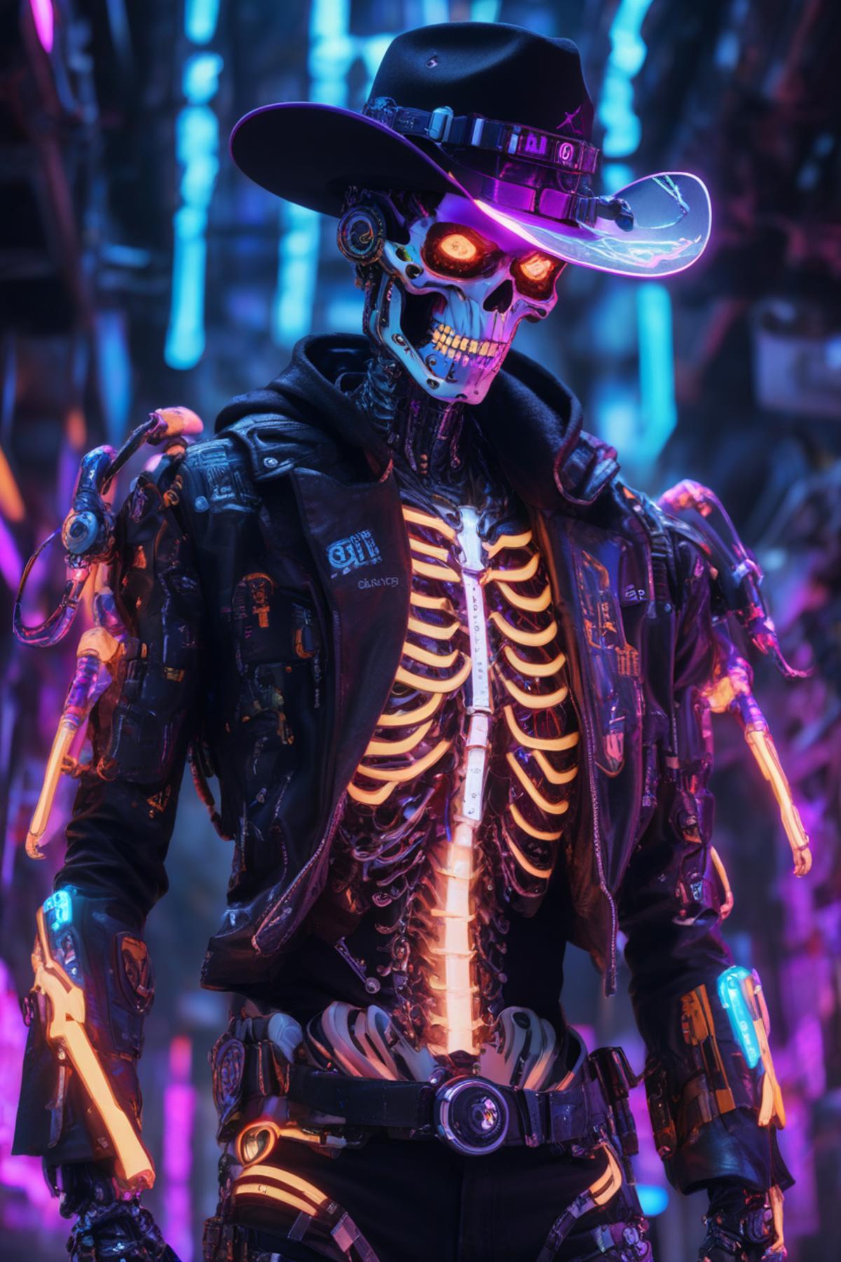 A cyberpunk robot skeleton in a black jacket, hat, and glowing eyes.