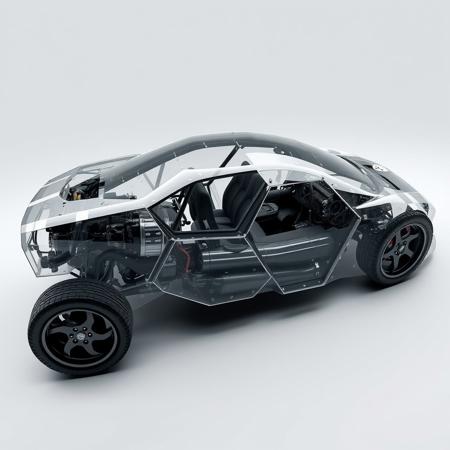 car is made of carbon tubes, has hexagonal body elements, covered with transparent super-matte refractive plastic, the insides and diesel engine of the car are visible through the refractive plastic, many pipes and wires are also visible along with the body tubes, 3/4 side view