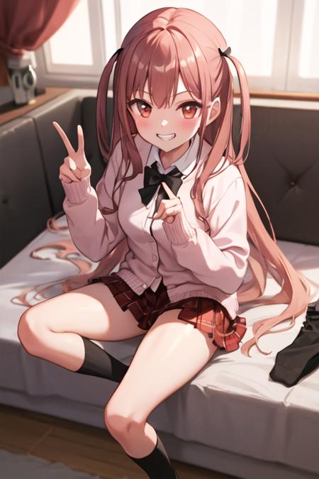 1girl,solo, red plaid miniskirt, long hair, two side up, white shirts, pink cardigan, 16 years old, ((((black socks)))), brown loafers, grin, presenting, indoor, hotel, bedroom, hand on smartphone, <lora:aako:0.9>