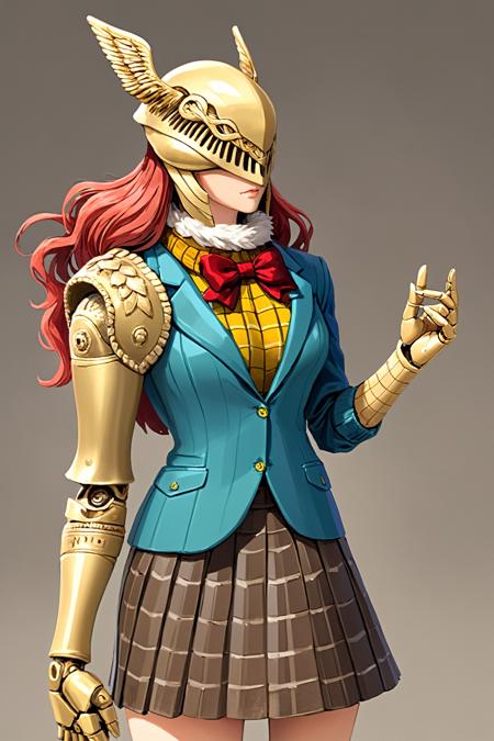 Highly detailed,  High Quality,  Masterpiece,  beautiful,  IncrsXLMalenia,  (single mechanical arm,  prosthesis:1.2),  helmet,  blazer,  (blue jacket:1.1),  red bow,  book,  green skirt,  plaid skirt,  pleated skirt,  yellow sweater,  cardigan, <lora:MaleniaXL:1>