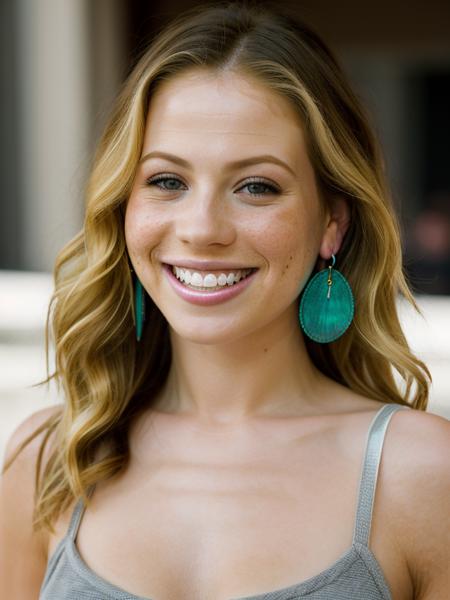A beautiful m1ch3ll3t woman,1girl,solo,long hair,smile,(((blonde hair))),jewelry,earrings,teeth,grin,lips,tank top,freckles,reflection,mirror,realistic,horror (theme),soft lighting, professional Photography, Photorealistic, detailed, RAW, analog, sharp focus, 8k, HD, high quality, masterpiece<lora:m1ch3ll3t:1.0>
