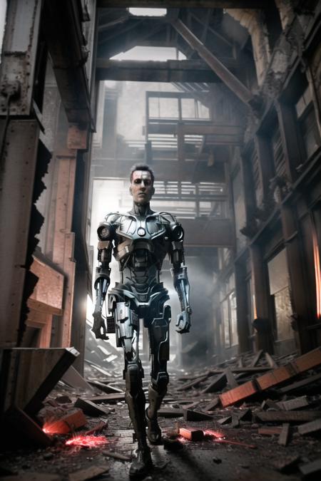 a t800 cyborg with handguns walking through factory ruins, indoors,spotlightes,photorealistic, realistic, dark, horror, frightening, (glowing red eyes:1.0), t800, cyborg, very wide shot,<lora:t800_v10:0.6>  <lora:factoryRuins_v11b:0.7>