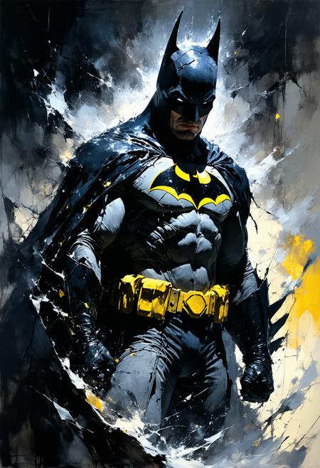 Batman in a monochrome storm, his cape a tidal wave of ink swallowing a crumbling Gotham penthouse (extreme low angle, horizon tilted). Sin City’s nihilist edge: the world is shredded newsprint and India ink, the glowing sulfur-yellow Bat-symbol. Frank Miller’s chiaroscuro hones his silhouette: block-jawed cowl, cape hooks sharp as blades. Rain like slashes of white, dissolving into the void below.