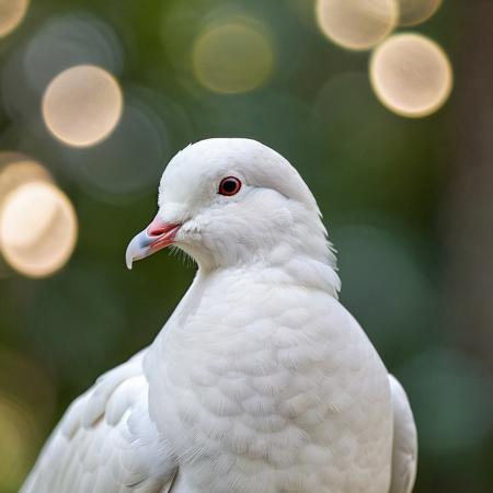 portrait, masterpiece, 4k, ray tracing, intricate details, highly detailed, hyper realistic, 8k RAW editorial photo.
an adorable white dove, head with a tilt and a slight blink. The dove is feathers should be soft and fluffy, the background should be a  forest, dramatic light, shallow depth of field, high budget,