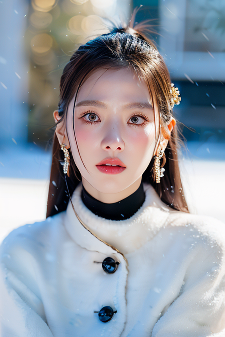 <lora:baifernv1_ghotilafish:1>, 1girl,(close-up:1.4),(winter ,snowy:1.2),(RAW photo:1.2), (photorealistic:1.4),(masterpiece:1.3),(best quality,1boy:1.4), dreamlike, (detailed eyes),(detailed facial features), (detailed clothes features) solo, cute,closed mouth, (medium breasts), black hair, black eyes, crystal pendant, Long blue scarf,White long wool coat,Black thick pantyhose,Brown snow boots,(detailed face), grunge,(high detailed skin:1.2),soft lighting, high quality,  <lora:LoRA-FashionMagCover:0.3>