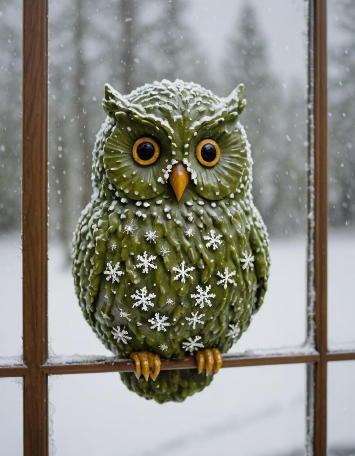 A green owl figurine with snow on it.