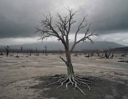 A dead tree, sanding alone in a wasteland of volcanic ash under a gray sky <lora:Photo Style SDXL_LoRA_20r_10e_22i_nr32_a16_Pony Diffusion V6 XL:1>