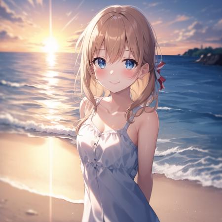 (high quality, best quality), 1girl, solo, smile, blush, arms_behind_back, beach, sunrise