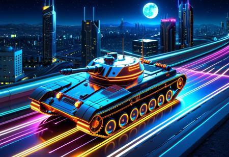 vibrant colors, shiny_skin, prefect lighting, detailed image, snoozing, masterpiece, best quality, highly detailed, ultra quality, 3DMM, (TzigoCBS), 
(Tanks), 
On the road, outdoors, neon lights, glowing, city, skyscraper, building, sciencefiction, electricity, night, moon, moonlight,