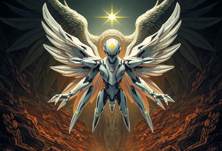expert Isometric view, Machine Angel Ascension, predominantly white intricate plating, yellow star optic on head, arms and legs spread in symmetrical star formation, head slightly tilted, centered, against a dynamic, looming Harvest Angel of Doom backdrop, focusing attention, Golden Ratio composition, Captivating lighting, Splash Ink illustration, digital matte painting, Sharp lines, Contemporary aesthetics, Raphael influence, Octane Render, Unreal Engine 5, High-res, 4K, Exceptional Quality, Super Detailed, CGSociety, trending on Artstation.