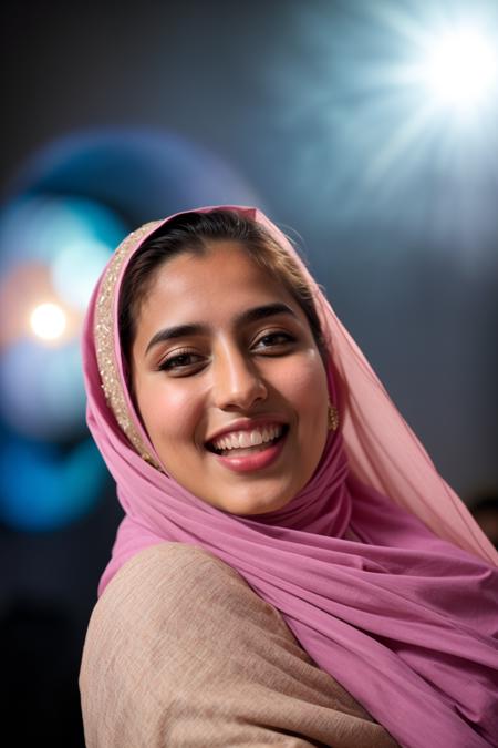 petite small person pakistani hijabi woman, laughing, <lora:add_detail:0.5>, <lora:real_skin:0.5> skin, dglatte, looking at viewer
 <lora:pcm_sd15_normalcfg_8step_converted:1>, RAW photo, 8k uhd, dslr, soft lighting, high quality, film grain, Fujifilm XT3, lr, Cosmic Voyage through Galactic Space, side view, high angle, wearing ornate,embroidered cotton shortssleeve pastel blue dupatta, candid, amateur, unposed, badly framed, portrait, selfie