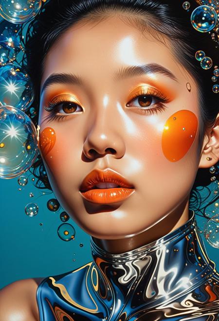 Smooth Quality, ArsMJStyle, Colored pencil hyperdetailed realism, close-up portrait of an asian woman, medium complexion, with a serene, contemplative expression. hereyes are half closed closed, and her, 
lips are slightly parted in a tranquil pose. The womans face and upper torso are depicted in a stylized, abstract manner, 
resembling a liquid metallic surface. Vibrant colors, including gold, orange, and various shades of blue, create a, 
dynamic interplay. Numerous reflective bubbles of various sizes and shapes encapsulate and adorn his features, reflecting, 
lights and colors that amplify the visual impact. The background is a deep teal blue, creating a stark contrast with, 
the vibrant colors of the subject. All textures focus on smooth, reflective surfaces and shimmering metallic effects., 
Camera angle is a close-up, focusing on the face with visible details. The style is modern, abstract, and ethereal, 
suggesting a liquid or metallic dreamlike quality. A sense of calm and tranquility permeates the image., 
Visual style references surrealism, abstract art, and liquid metal digital art, with a focus on a reflective and, 
polished aesthetic, <lora:clear:1>, <lora:FF.101.juggernautXL_version6Rundiffusion.LORA:1>, <lora:Hyperdetailed_Colored_Pencil:1>, <lora:SDXLDetailer:1>