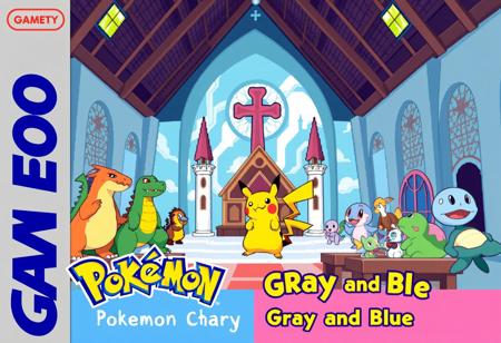 A Pop scene of Ice Ketchum and Pikachu in a Impeccable Pokémon Church, with iconic Pokémon like Charizard, Blastoise, and Bulbasaur in an 8-bit world. Game: Pokémon Pink and Blue (1996) on Game Boy. With Text:"Pokémon Gray and Blue"
