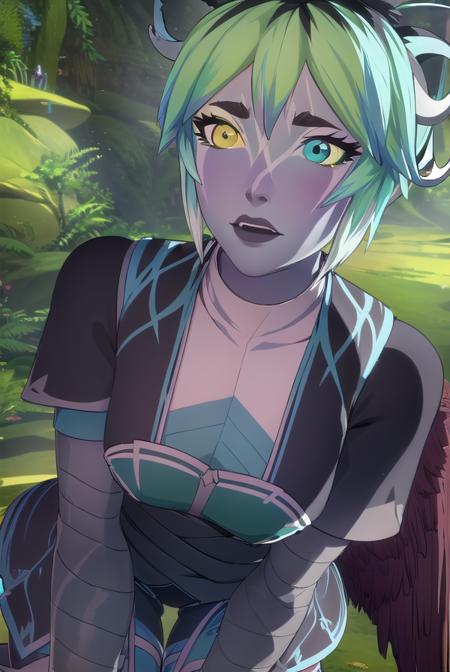 naimi selari nykantia, short hair, black hair, (yellow eyes:1.3), multicolored hair, green hair, horns, two-tone hair, aqua hair, makeup, colored skin, (heterochromia:1.5), blue eyes, grey skin, blue skin, thighhighs, wings, cape, armor,