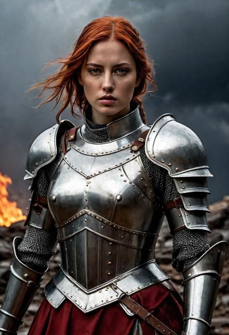 High resolution ultra-realistic of Beautiful Warrior Joan of Arc, 8k, capturing the intensity of the moment, cinematic lighting, standing on a bloody and stormy battlefield in bloody battle, wavy red hair, realistic dirty pale face, realistic dark brown eyes,  beautiful hourglass figure, burning in a medieval Town, intricately designed iron and silver armor, red mini skirt, Dark Ages Aesthetic, perfect athletic figure, beautiful Warrior Joan of Arc, fire, ultra realistic, cinematic style, vigorous and seductive, athletic figure, dark fantasy, dramatic lighting, wet and sweaty skin, dirty skin, athletic figure, dark fantasy, dramatic lighting, Greg Rutkowski style,, Warrior Joan of Arc on in iron armor, hyper-detailed, hyper-realistic, bright colours, Attractive 21 old years girl, Attractive, beautiful firm Breasts, sharp focus, digital painting, Photograph Taken on Nikon D750, Alphonse Mucha, 8K, athletic figure, Hyperdetailed, hyperrealism, Attractive, Attractive bust girl, asymmetric balance
