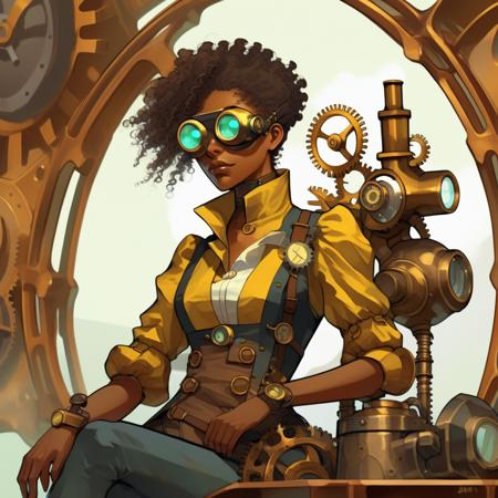 Digital Art Style of a (a close up portrait facing the camera) (((steampunk inventor))) with goggles perched atop their mess of curly hair. They have a mechanical arm, and their eyes sparkle with a mix of madness and genius. They are in a workshop cluttered with bizarre inventions and brass gears) steampunk world, Jules Verne inspired game art concept art digital painting,<lora:Mythoscape Visions - Digital Art Style of a:1>