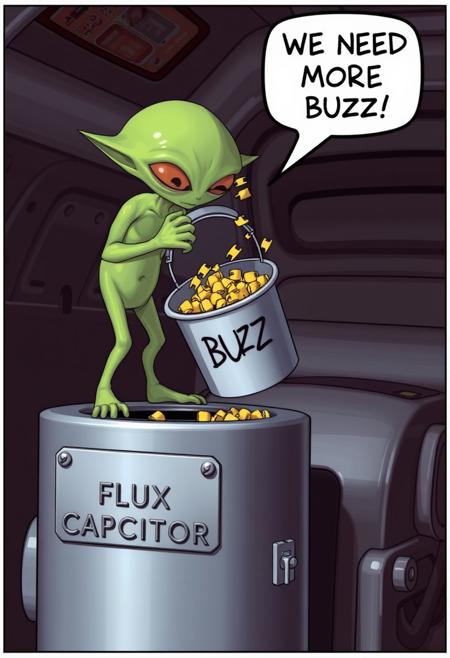 A machine with a hole on the top of it, a silver plaque on the side of the machine says "FLUX CAPACITOR". A little green alien is holding a bucket filled with little yellow thunderbolts. The bucket says "BUZZ" on it. The alien is tilting the bucket while dumping the thunderbolts into the hole at the top of the machine. The alien says "WE NEED MORE BUZZ!" in a speech bubble. All of this takes place in the aliens spaceship.