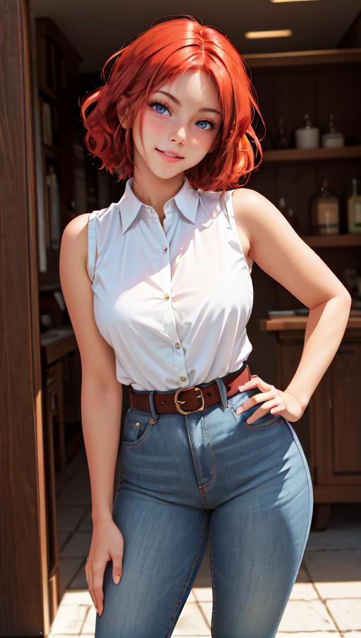 A young woman wearing a white shirt, brown belt, and jeans poses with a smile.