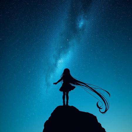 A girl with long flowing hair stands upon a cliff as she is looking up to the clear sky. Compared to the background she is a mere silhouette to the night sky showcasing the constellations. Detail the night sky with a beautiful visual