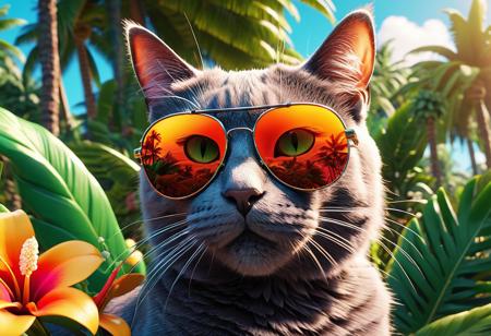 A colorful illustration of a cat wearing sunglasses, surrounded by tropical flowers and palm trees, evoking a relaxed summer vibe with bold lines and bright colors., 3D Game Cinematic Feel, Epic 3D Videogame Graphics, Intricately Detailed, 8K Resolution, Dynamic Lighting, Unreal Engine 5, CryEngine, Trending on ArtStation, HDR, 3D Masterpiece, Unity Render, Perfect Composition, PIXAR, CGI Animated, Shock And Awe, Surprised