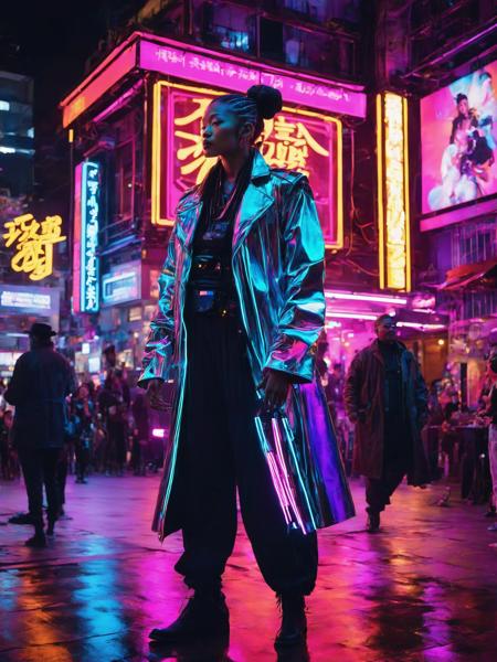 A cyberpunk street performer, blending the soulful tunes of jazz with Zen philosophy, mesmerizes audiences in a neon-lit urban square. Their attire, a fusion of vintage jazz style and modern cyberpunk fashion, resonates with a hint of Eastern influence. Amidst swirling neon lights, their performance transcends genres, captivating passersby with a unique blend of American musical heritage and hints of tranquil Zen ambiance., <lora:ByteBlade:1>