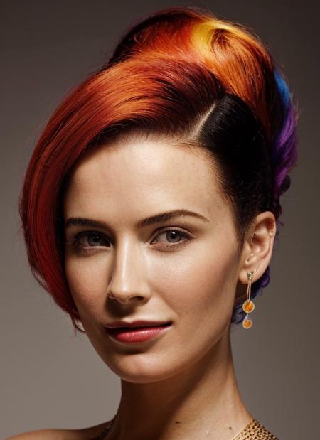 portrait of sks woman by Flora Borsi, style by Flora Borsi, bold, bright colours, rainbow Mohawk haircut, ((Flora Borsi)), <lora:locon_bridgetregan_v1_from_v1_64_32:1.25>