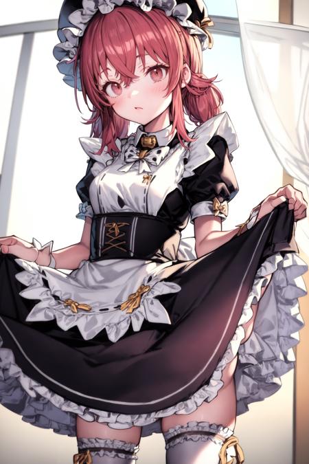 <lora:komiya kaho_Loha:1>, komiya kaho, 1girl, solo, frills, red hair,  red eyes, maid, thighhighs, mob cap, apron, hat, white headwear, frilled dress, dress, short sleeves, bow, bowtie, long hair, black dress, bangs, frilled thighhighs, frilled apron, white apron, white thighhighs, polka dot, wrist cuffs, maid apron, ribbon, enmaided, hair between eyes, twintails, white bow, frilled skirt, skirt hold, puffy short sleeves, white bowtie, collared dress, puffy sleeves, polka dot bow, alternate costume,