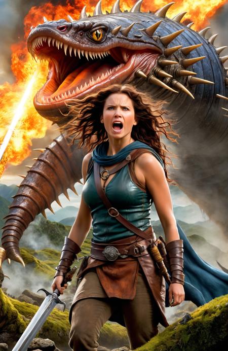 brave warrior, A woman, a colossal worm. Weapons ablaze, they save her. A scene from an adrenaline-fueled fantasy thriller, reminiscent of Peter Jackson's "The Lord of the Rings", ,disheveled hair