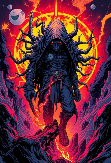 A mysterious, otherworldly figure, 
highly detailed vector illustration, intricate linework, bold graphic composition, dynamic lighting, dramatic contrast, vivid neon color palette, deep shadows, glowing highlights, fantasy and sci-fi themes, surreal landscapes, gothic horror aesthetics, fluid organic shapes, comic book and poster art style