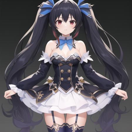 (masterpiece, best quality:1.2),illustration,8k,hd,1girl,solo,cowboy shot,medium breasts,twintails,neptune (series),noire (neptune series),very long hair,skirt,white skirt,pleated skirt,cleavage,bangs,bare shoulders,black dress,black footwear,black hair,blue bow,thighhighs,blue bowtie,blue ribbon,bow,bowtie,brooch,buttons,detached collar,hair ornament,detached sleeves,dress,eyebrows visible through hair,frilled sleeves,frills,garter straps,white dress,gold trim,hair between eyes,hair ribbon,holding hair,jewelry,multicolored clothes,multicolored dress,red eyes,ribbon,short dress,strapless,strapless dress,thigh boots,twintails,zettai ryouiki,buran buta,<lora:Noire>,