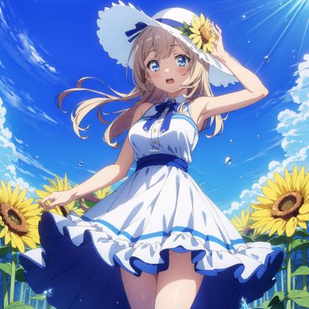 (best quality),(masterpiece),(ultra detailed),(highres),production art,1girl, solo, dress, hat, suomi (girls' frontline), blue eyes, blonde hair, long hair, flower, sky, white dress, hair ornament, blue sky, cloud, breasts, bangs, outdoors, blush, sunflower, looking at viewer, day, frills, sun hat, sleeveless dress, ribbon, water drop, wind, hand on headwear, medium breasts, frilled dress, sleeveless, bare shoulders, bow, twitter username, arm up, open mouth, standing,