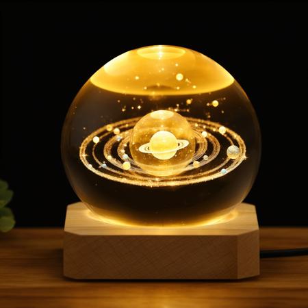 a crystal ball with a solar system inside of it, yellow night light, warm ambient light<lora:CrystalBall_1.0:1>