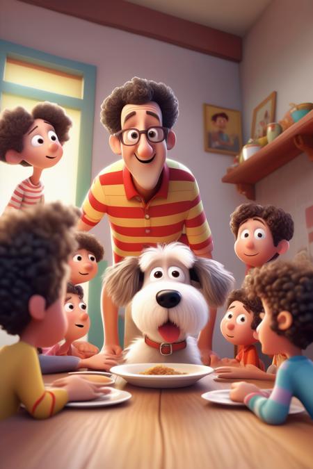 <lora:Aardman Animations Style:1>Aardman Animations Style - Photo from below, white very big light curls dog under dining table adult man with brown hair, big nose, red and yellow striped shirt, thin, red chicks, brown eyes, and two grandparents and one child are sitting around a dining table, 3D, for kids, pastel light colors, cute illustration, children's book illustration style, funny