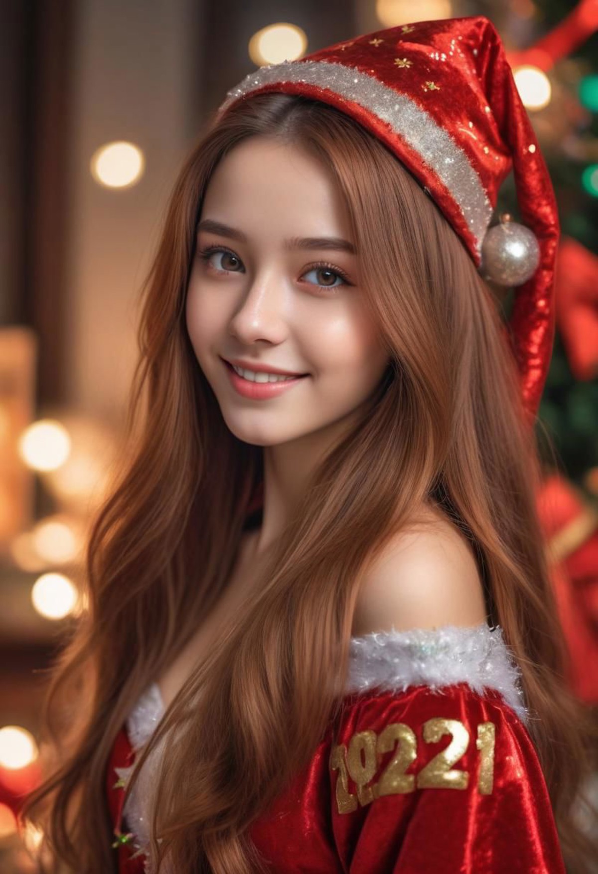 A beautiful girl with a perfect face, long hair, light red brown, happy New year old costume, look at the viewer, how beau...