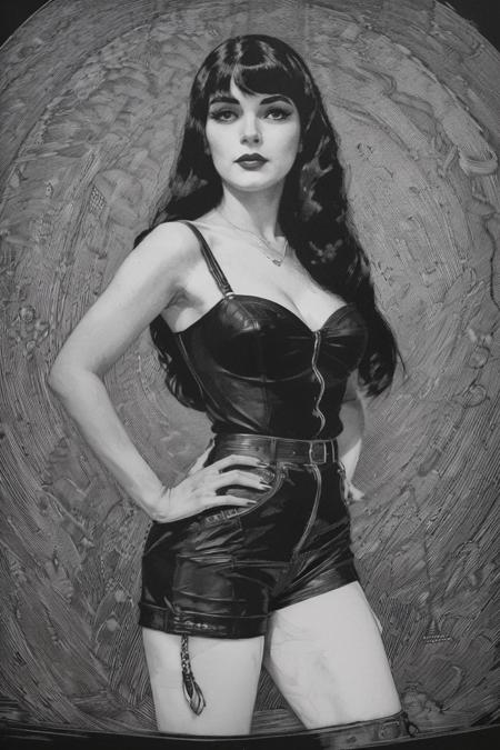 A detailed black and white engraving of a 1950s pin-up with long black hair and bangs, wearing black leather shorts