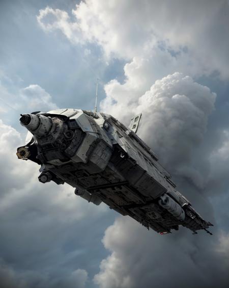 starwars outlaws ,  a large spaceship flying through a cloudy sky, sky, day, cloud, military, no humans, flying, science fiction, realistic, military vehicle, vehicle focus, spacecraft , <lora:StarWars_Outlaws_Style-SD15:0.75>