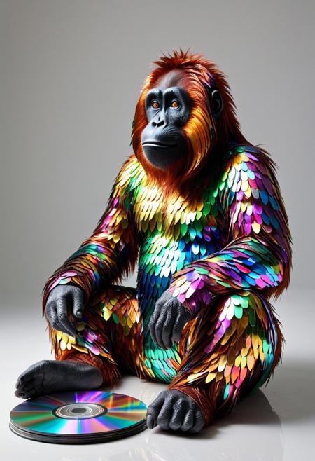 A surreal orangutan entirely made of compact discs, its body constructed from intricately layered CDs reflecting iridescent rainbow colors, metallic textures resembling fur, expressive eyes crafted from discs, sitting in a minimalist futuristic environment, dramatic lighting, hyper detailed, photorealistic textures, vibrant and artistic composition, made of cd's