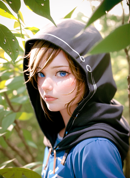 (RAW photo, best quality), (realistic, photo-realistic:1.2), high quality, (high detailed skin:1.4), link, the legend of zelda, the legend of zelda: breath of the wild, 1girl, beautiful, blue eyes, blue tunic, hood, hood up, leaf, light brown hair, looking at viewer, female focus, nature, pointy ears, solo, water drop,  <lora:link_offset:1>