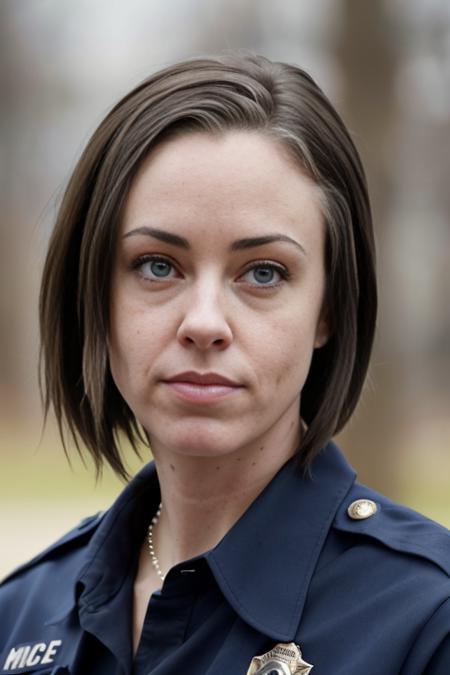 maxim photo of (c453y4nth0ny-neutral3:1.0) with Blunt Bob hair as a police officer, sharp focus, skin texture, light bokeh