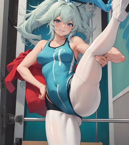 1girl, pa15, (pa15gym:1.2), cowboy shot, ponytail, smile, leg up, white pantyhose
<lora:PA15:.8> <lora:PA15Leotard_Costume:.5>