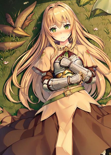 <lora:swordsmanROBetaV1:0.77>,swdro, 1girl, armor, belt, boots, dress, blonde hair, green eye,
looking at viewer, lying on floor, blush, embarrassed, on back, detailed hand,
fantasy background, forest, lake aside, sun, morning,