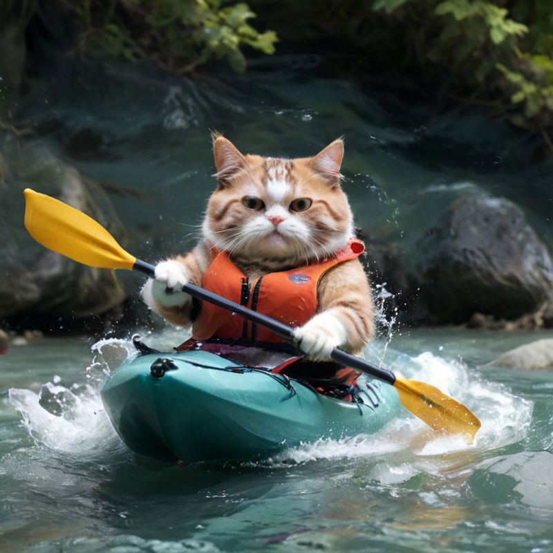 A small cat wearing a life vest and holding an oar, riding in a kayak.