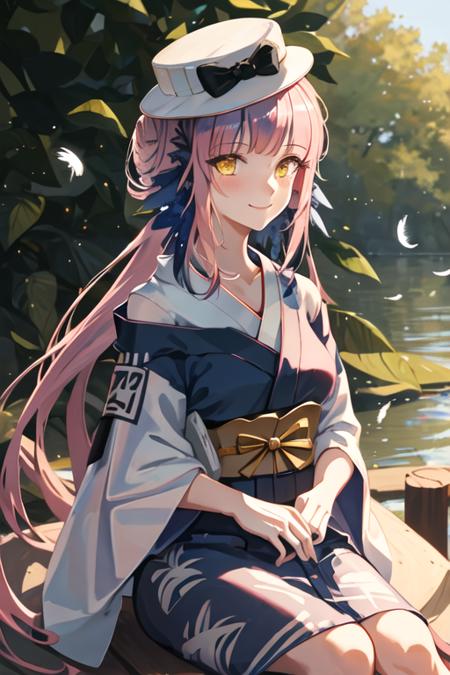 best quality, masterpiece, highres, solo, {yukata:1.40}, {kimono:1.20}, {ceylon_arknights:1.15}, long_hair, bangs, pink_hair, feather_hair, feathers, hat, white_headwear, yellow_eyes, blue_feathers, bow, hair_bun, hat_bow, smile, black_bow, upper_body