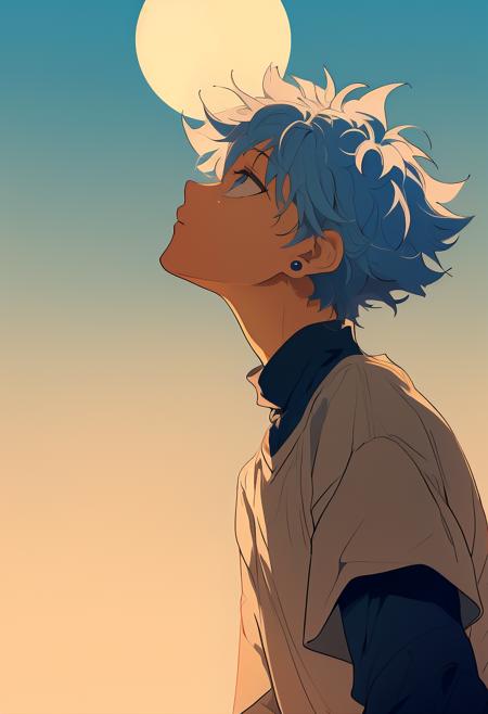 aullik, solo, short hair, bangs, blue eyes, shirt, long sleeves, 1boy, blue hair, upper body, white hair, short sleeves, male focus, sky, day, arm up, from side, blue sky, gradient, black shirt, gradient background, profile, turtleneck, blue background, moon, looking up, messy hair, sun, layered sleeves, short over long sleeves, reaching