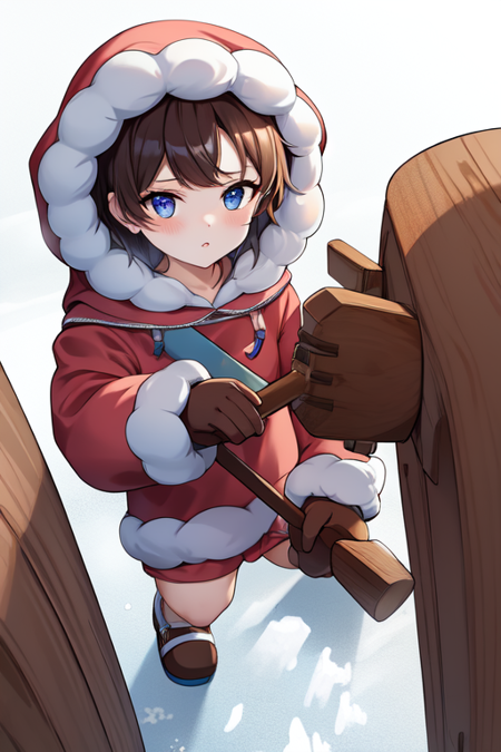 icnana, snow, hood up, POV, brown gloves, short hair, holding hammer